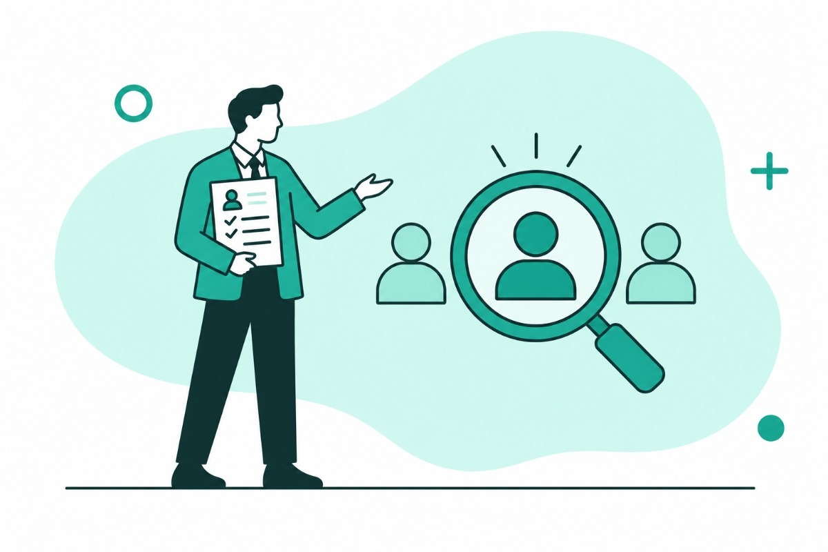 Business professional reviewing candidate profiles with a magnifying glass, representing talent search and recruitment.