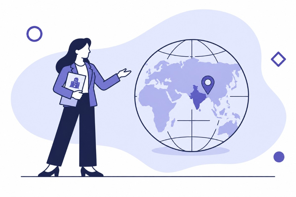 Business woman presenting a globe highlighting India, representing international companies expanding into India.