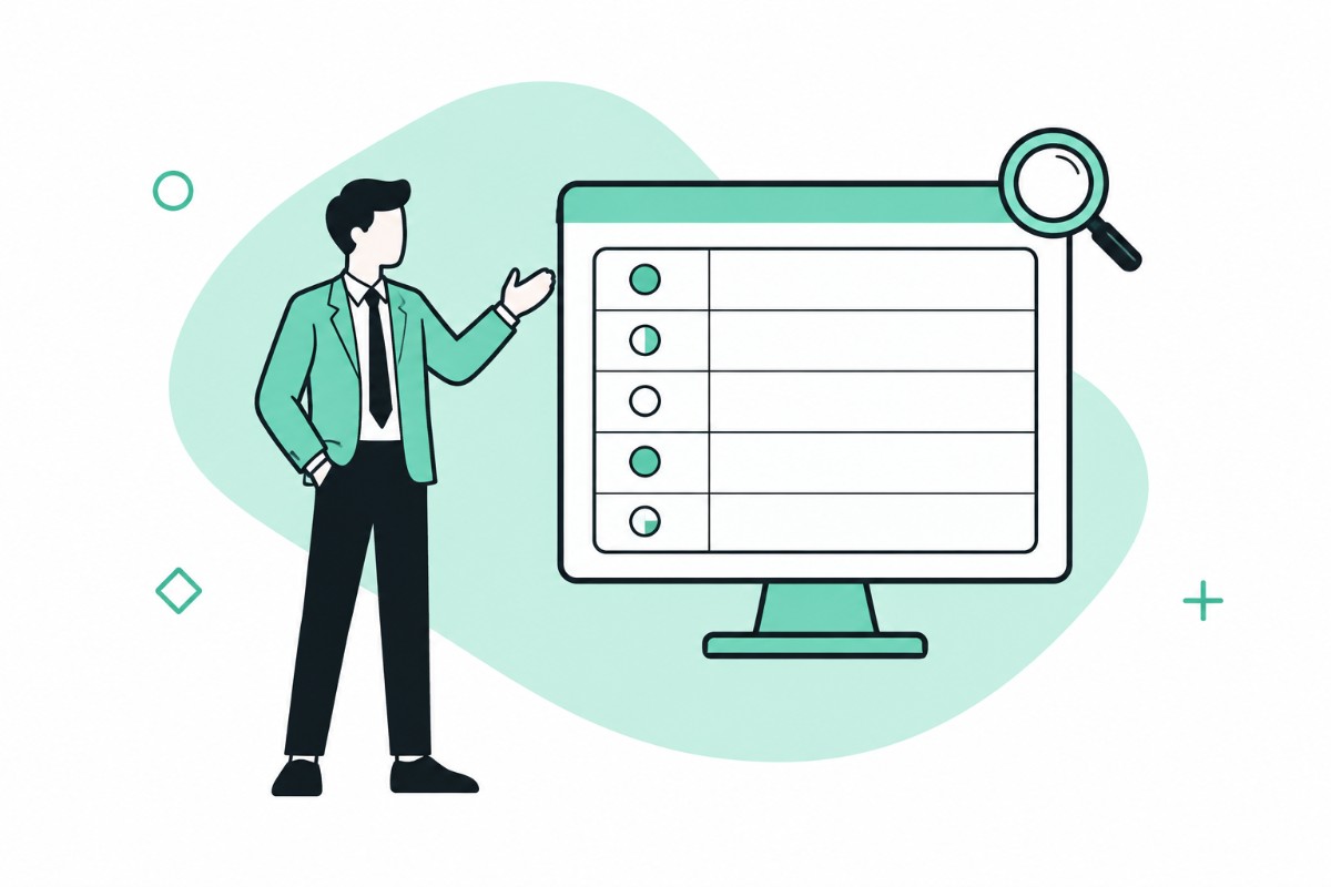 A business professional presenting a computer screen with a checklist and magnifying glass, symbolizing review, analysis, and evaluation.