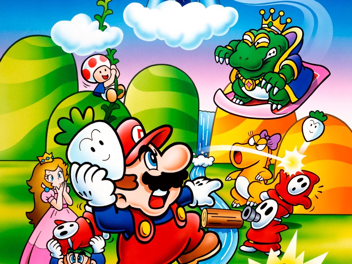 Super Mario Bros 2 Review. Artwork features mario throwing a turnip from the re-release as Super Mario USA