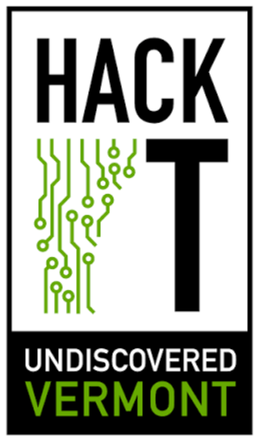 Logo for 'Hack Vermont' featuring the text 'HACK T' in bold black letters, with a graphic of green circuit patterns on the left and the phrase 'UNDISCOVERED VERMONT' underneath in green and black.
