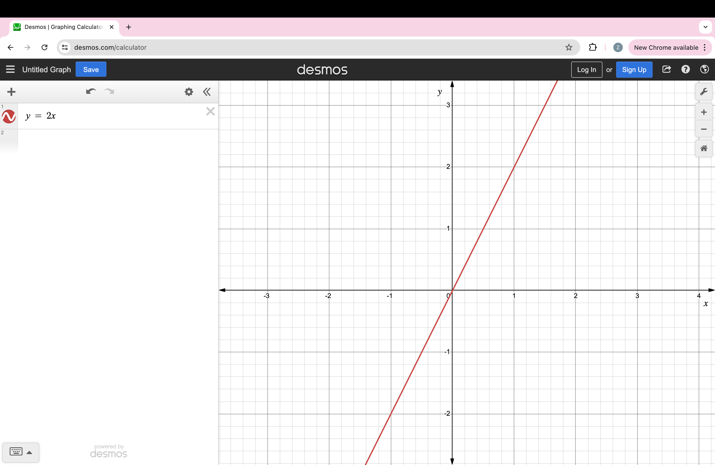 Graph of y = 2x. Notice this is steeper than the line y = x.