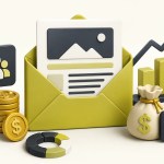 Newsletter Monetization illustration showing an email newsletter, coins, revenue charts, and audience growth.