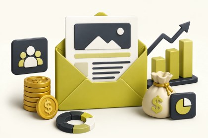 Newsletter Monetization illustration showing an email newsletter, coins, revenue charts, and audience growth.
