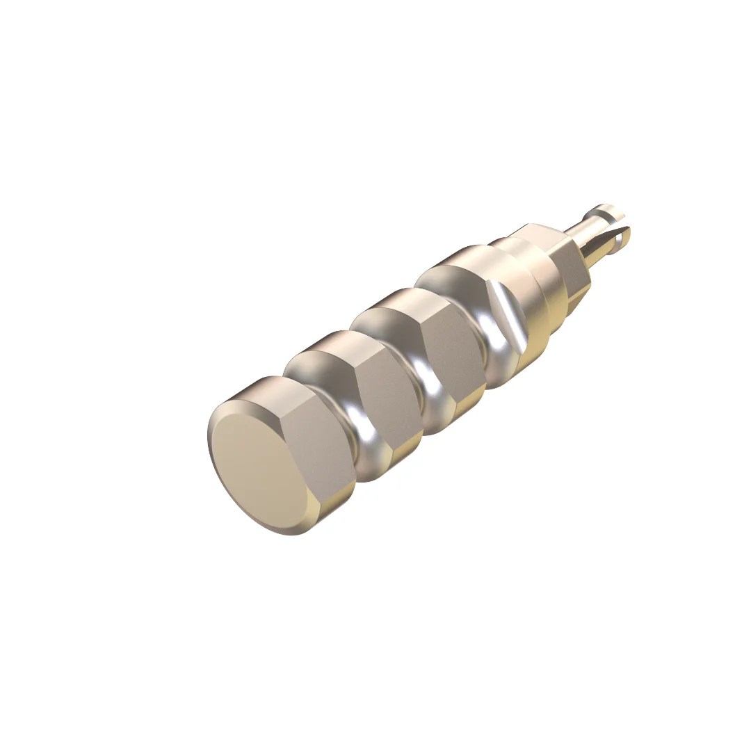 GDT conical connection impression coping transfer, clip transfer, gold finish, angled view.