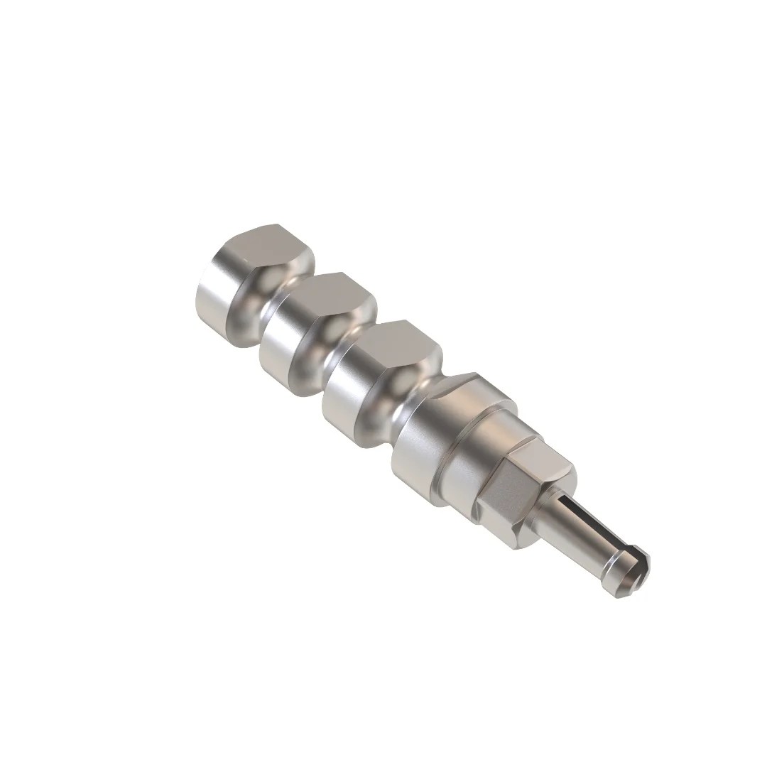 GDT conical connection impression coping transfer, clip transfer, side view showing retention grooves and connection tip.