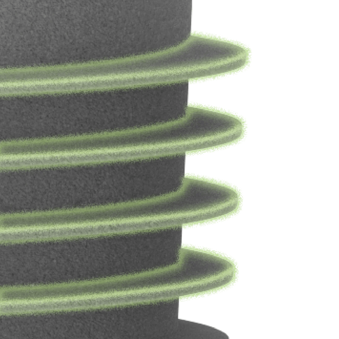 Macro view of GDT MAX dental implant thread profile with wide spiral threads highlighted in green