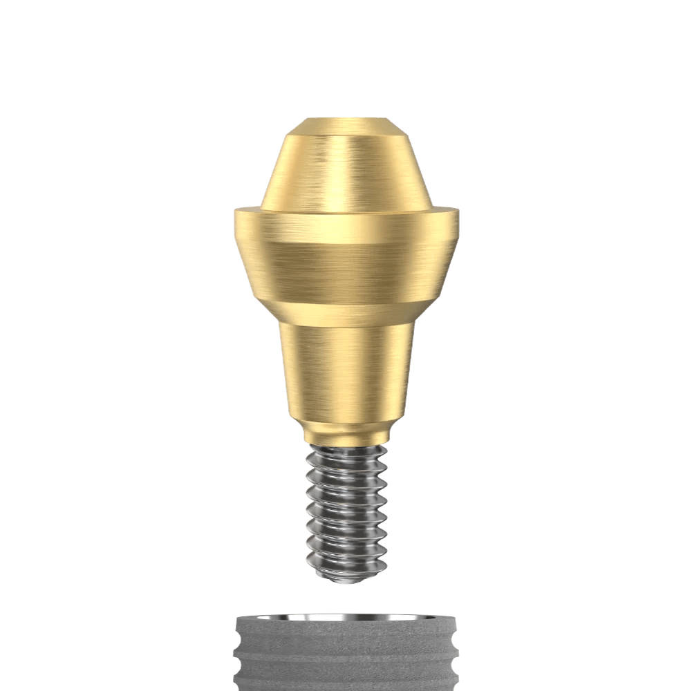 GDT conical connection multi unit abutment aligned above the implant platform, showing the screw retained connection and prosthetic interface.
