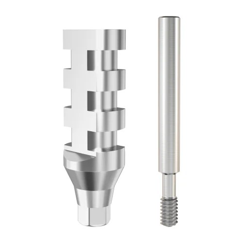 GDT conical connection NP open tray impression coping transfer with long guide screw, on white background.