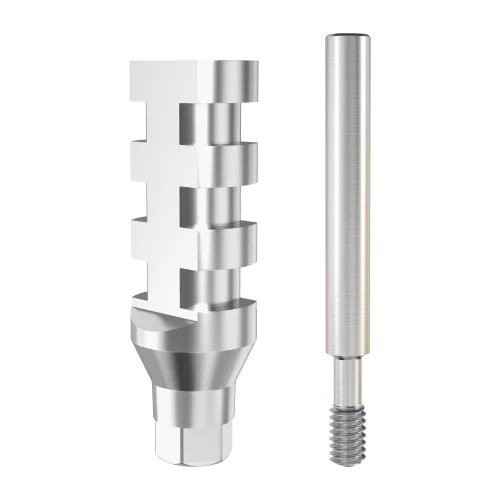 GDT conical connection RP open tray impression coping transfer with long guide screw, on white background.