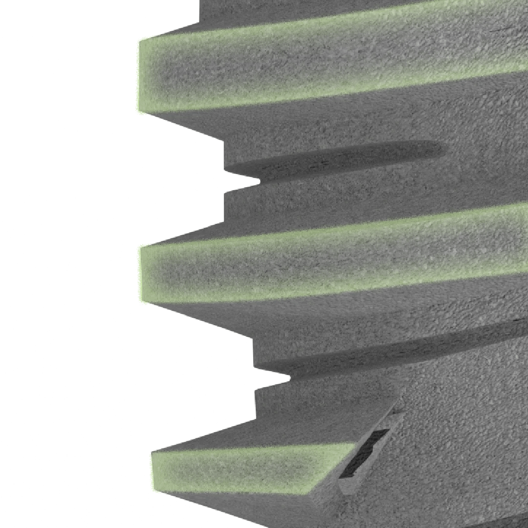 GDT Dental Implants CON RP implant thread profile close up showing spiral aggressive thread geometry.