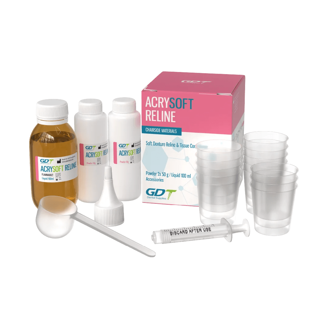 GDT AcrySoft Denture Reline two 50 g powder bottles, one 100 ml liquid bottle, and mixing accessories.