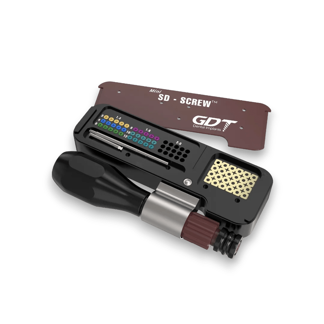 GDT GBR basic kit with bone screws, driver handle, and titanium mesh