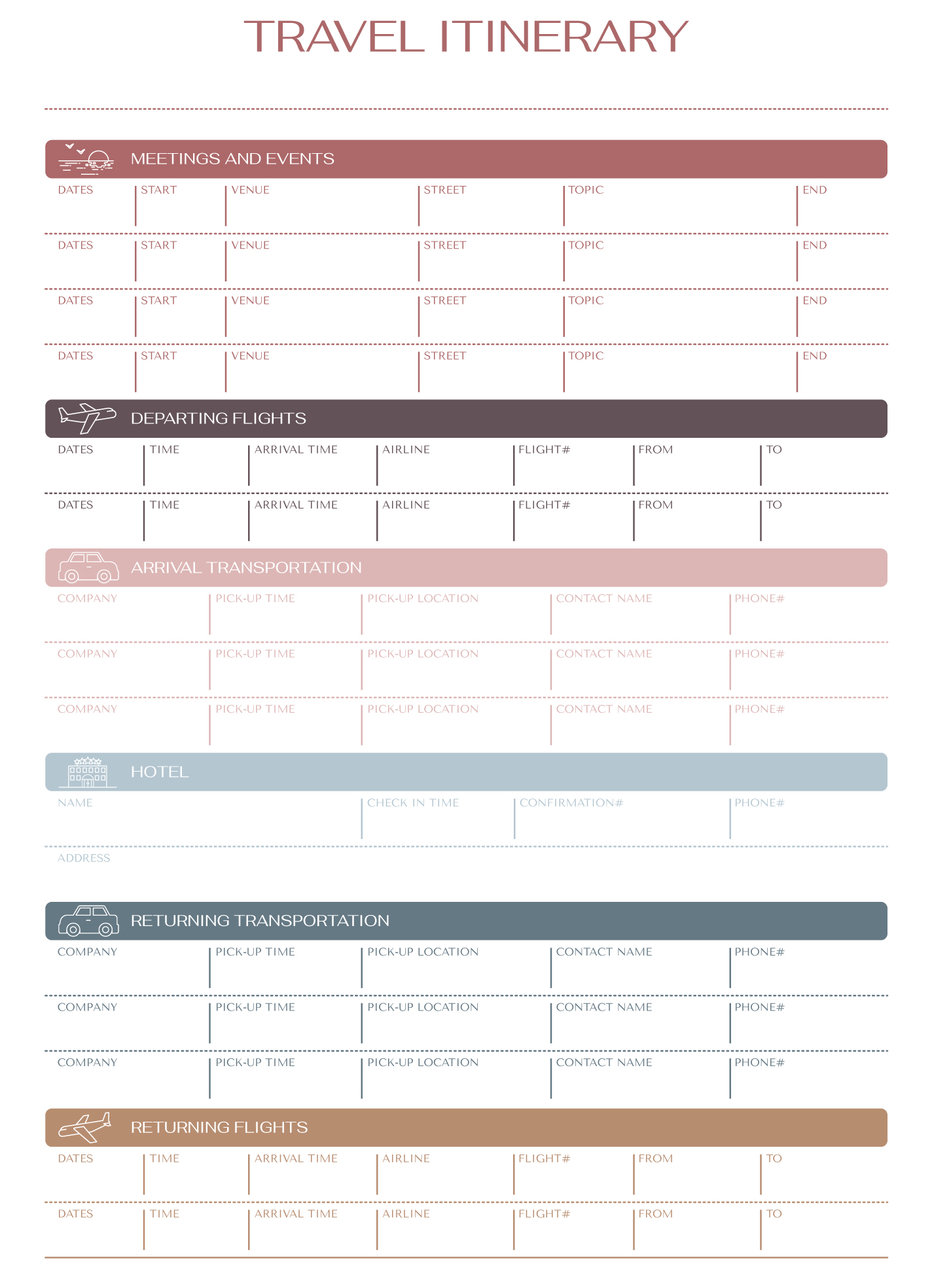 Trip itinerary template excel