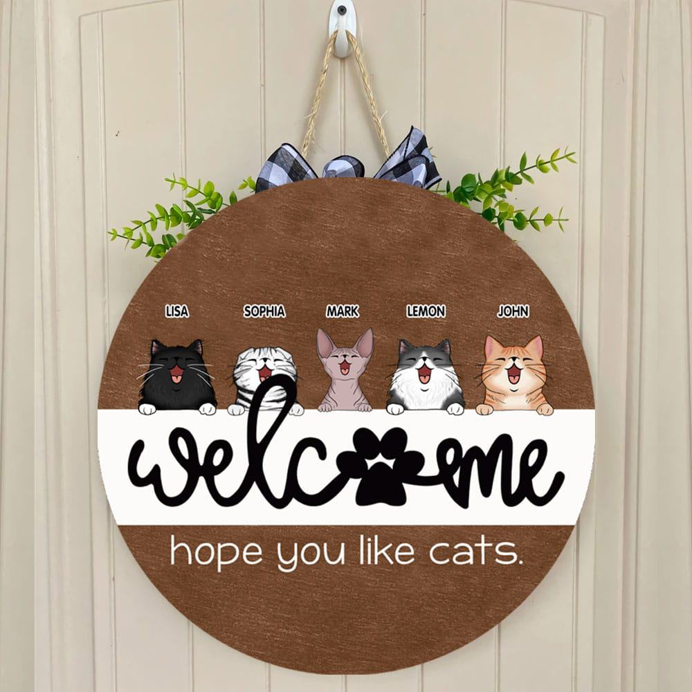 Welcome Hope You Like Cats Wooden Door Hanger Personalized Cat Breeds 
