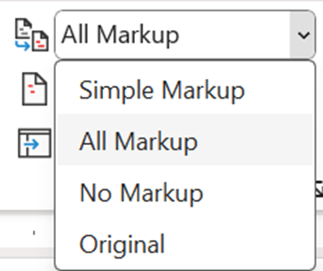 Screenshot of the review modes menu expanded, with All Markup active.