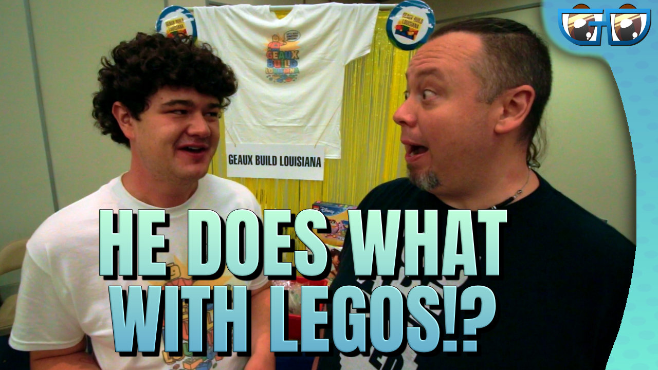Two men smiling and talking at Geek’d Con 2025 with a GEAUX BUILD Louisiana t-shirt displayed in the background, promoting the group’s LEGO community initiatives.