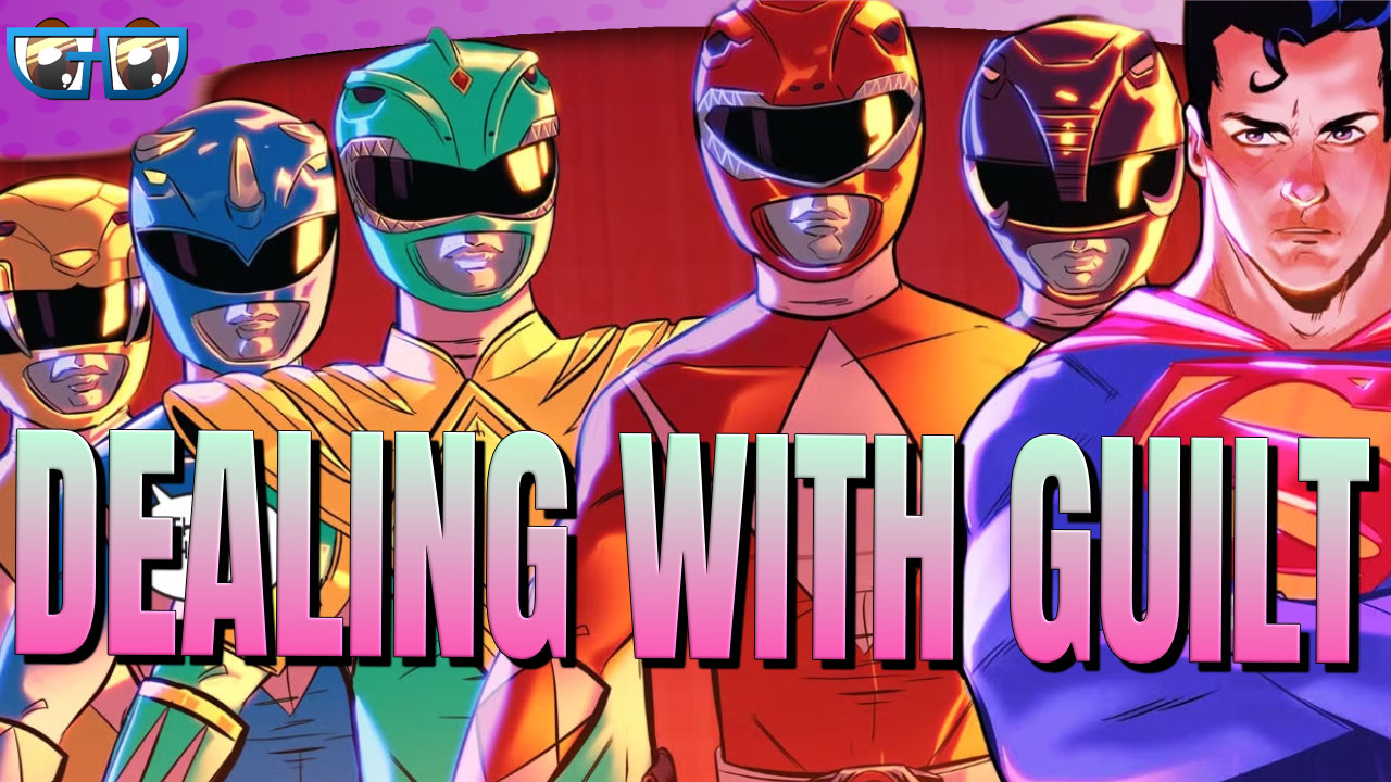 Power Rangers and Superman thumbnail reading "Dealing With Guilt" for the Geek Devotions Power Rangers Justice League episode