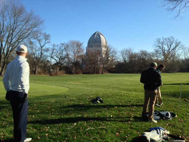RJGers on the tee in the shadow of the Baha'i Temple.