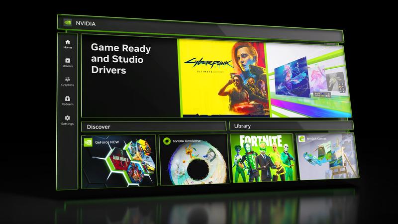 Tela da interface do usuário da NVIDIA com menus e destaques para drivers de jogos e jogos populares em um design elegante preto e verde.