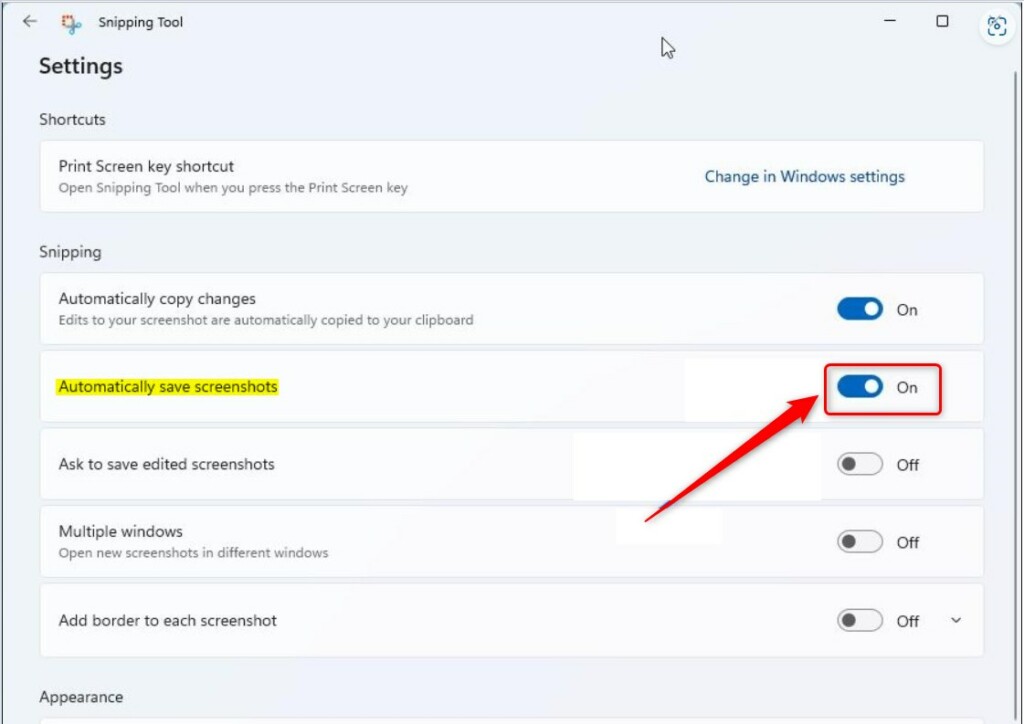 How to Enable or Disable Automatically Save Screenshots in the Snipping