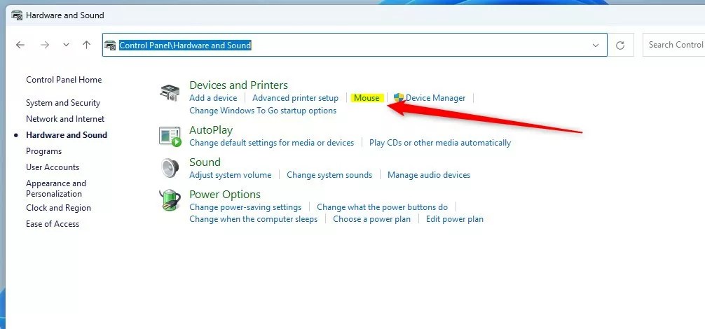 windows mouse link in the control panel app