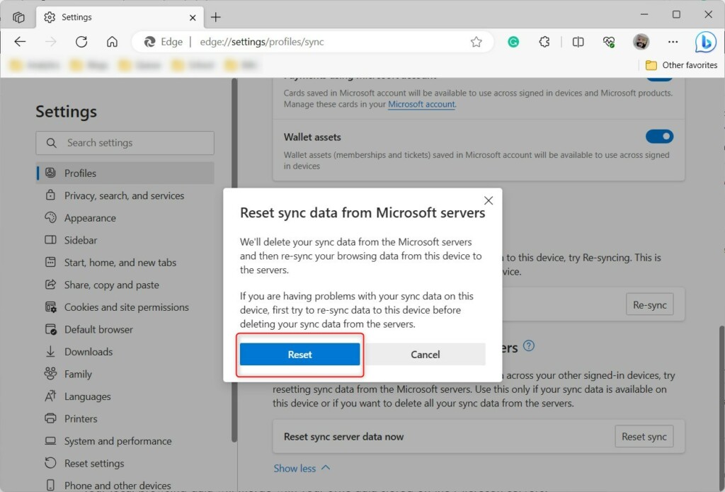 Microsoft Edge reset sync data from cloud server