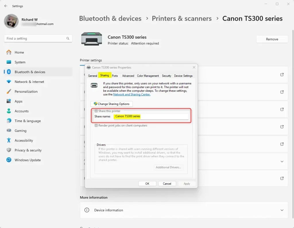 Find printer shared name from Settings app