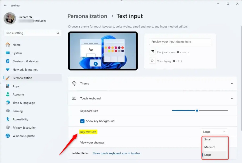 Touch keyboard key text size options