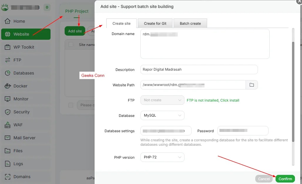 Create Site RDM aaPanel