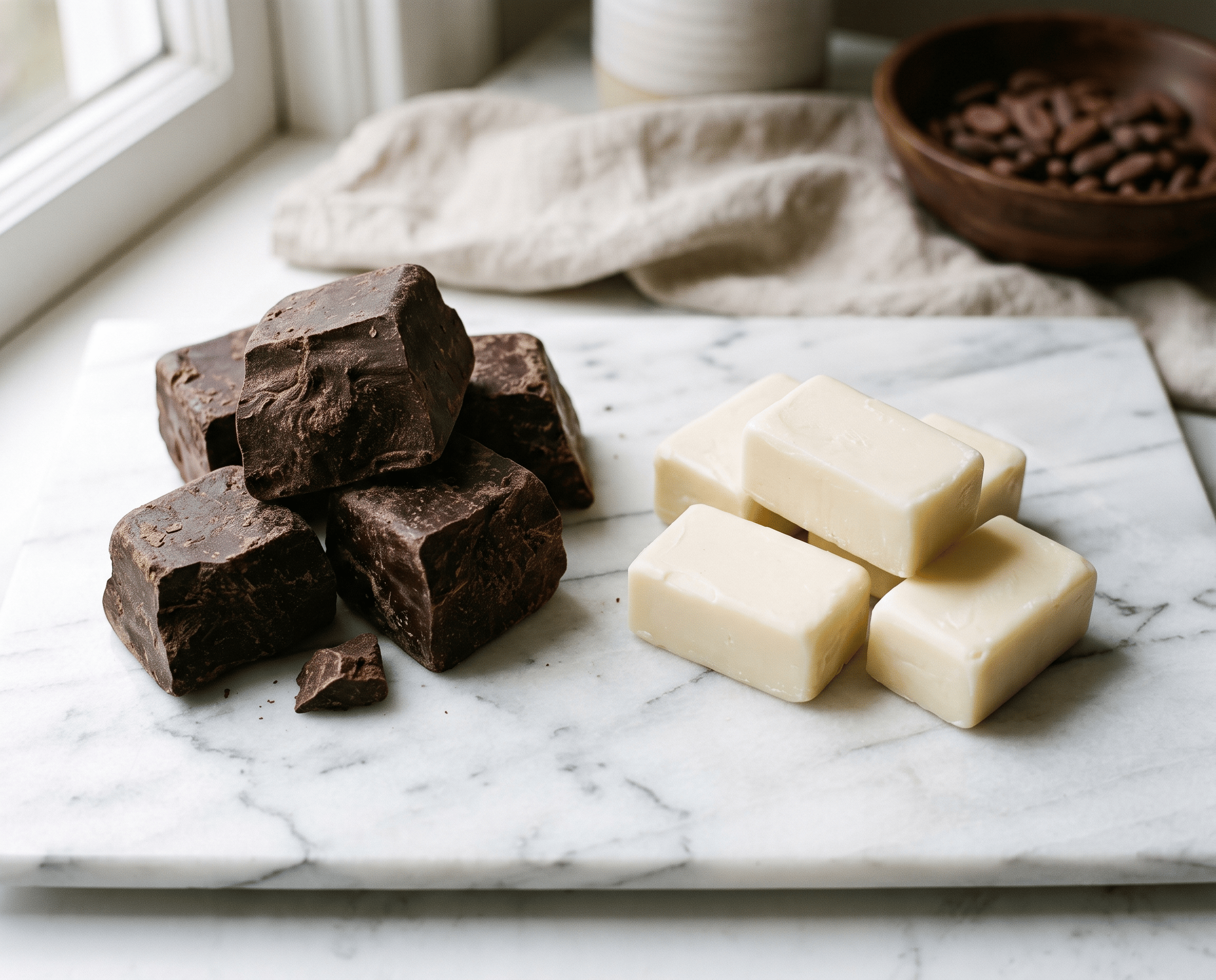 Blocks of cocoa butter and blocks of vegetable fat on a marble board in a kitchen environment.