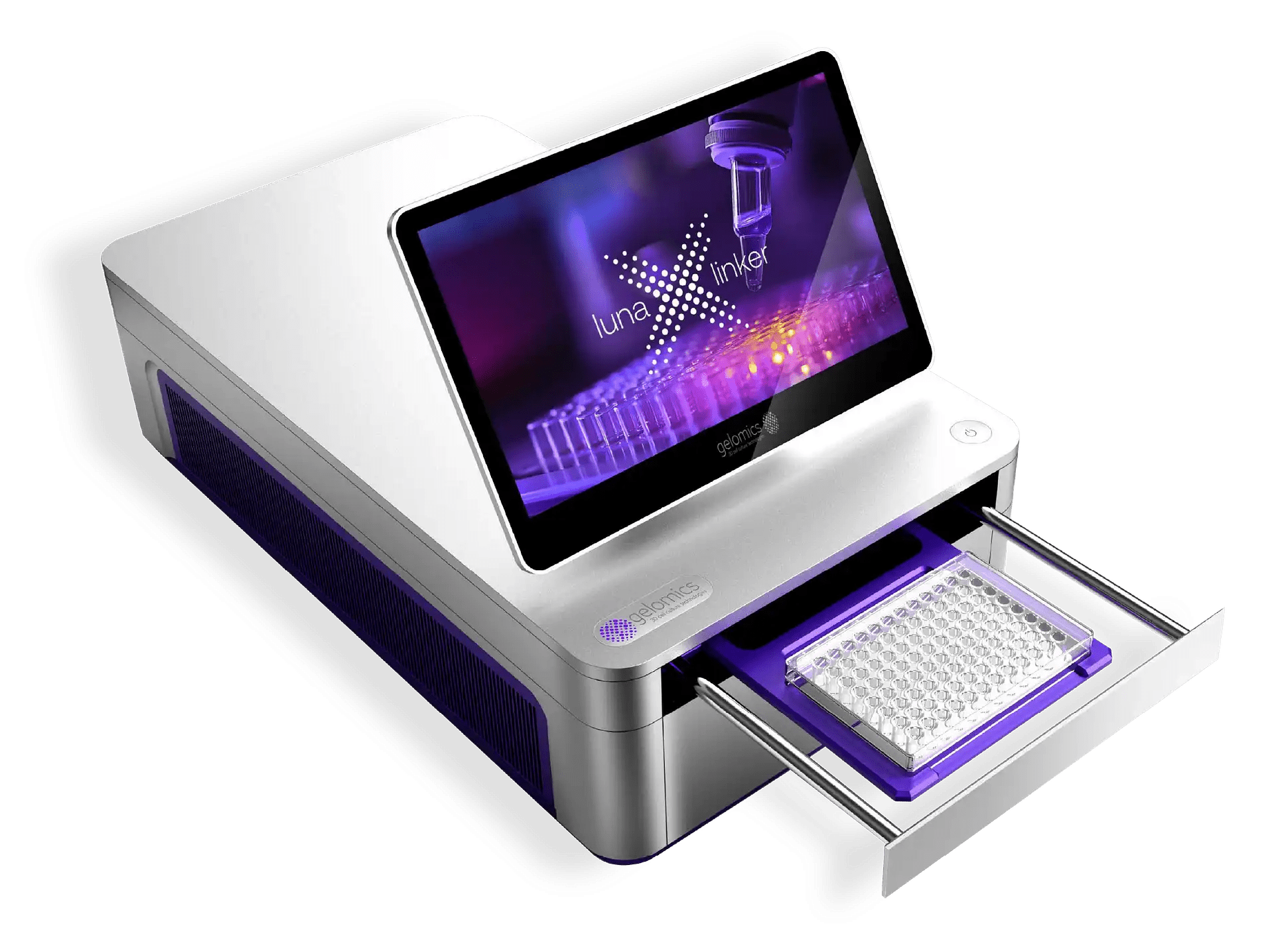 Gelomics lunaX device with drawer opened crosslinking technology