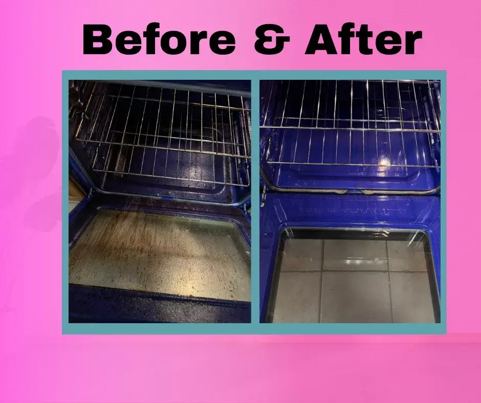 Before and after photos showing dramatic oven cleaning results - dirty grease-stained oven transformed to spotless condition by professional deep cleaning services