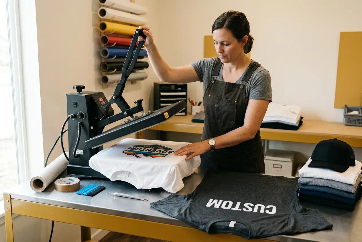 Person using a heat press to print a design on a T-shirt