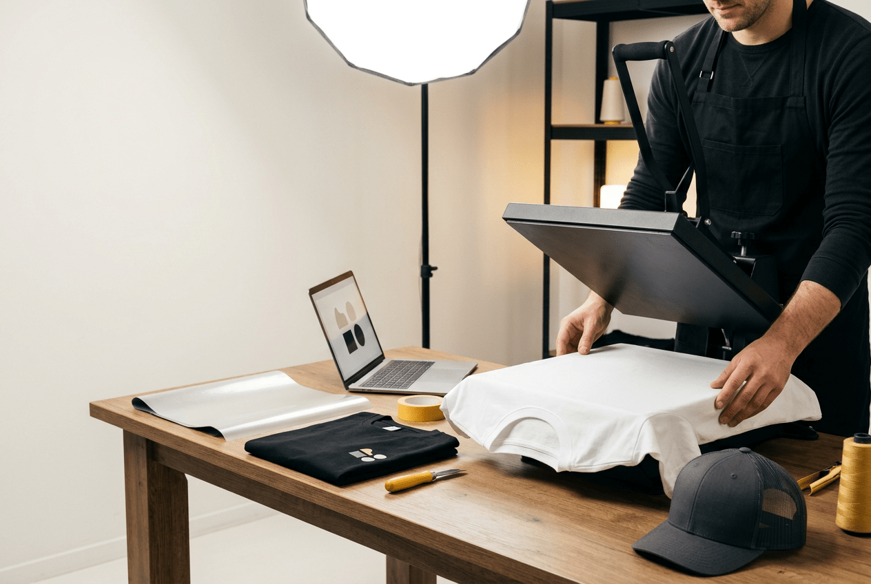 T-shirt printer pressing a white shirt on a heat press at a custom apparel workspace