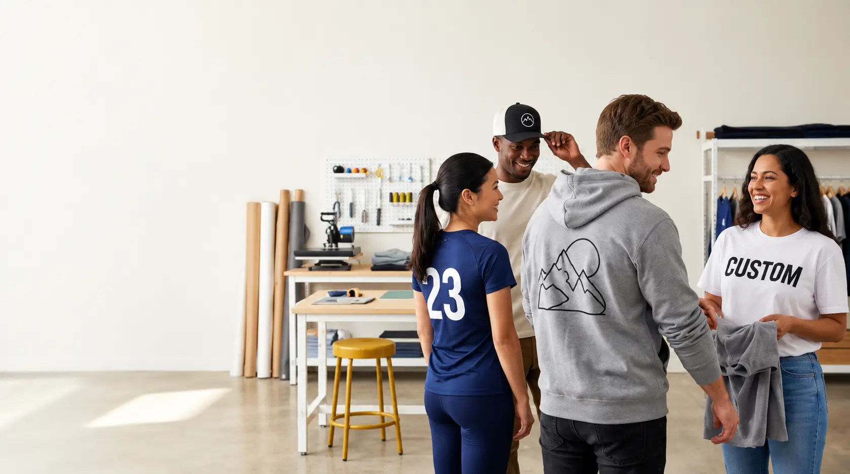 Four people discussing custom clothing in a bright custom apparel printing studio, with a navy jersey, gray hoodie, and white T-shirt on display.