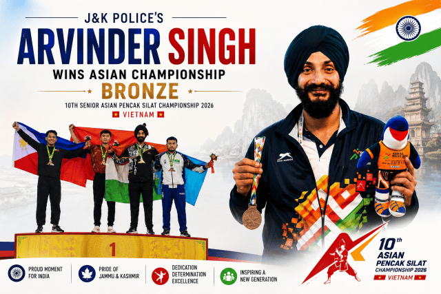 A celebratory landscape poster featuring J&K Police athlete Arvinder Singh after winning the bronze medal at the 10th Senior Asian Pencak Silat Championship 2026 in Vietnam. The design showcases a large portrait of Arvinder holding his medal and championship mascot alongside a podium image of the medal winners. Patriotic Indian tricolour elements, a scenic background, and bold Hindi typography highlight his achievement, honoring his contribution to India and Jammu & Kashmir.