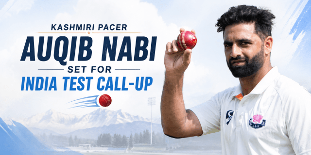 Auqib Nabi, Jammu and Kashmir fast-bowling all-rounder from Baramulla, poses with a red cricket ball after earning his maiden India Test call-up as Jasprit Bumrah's replacement for the Sri Lanka Test series.