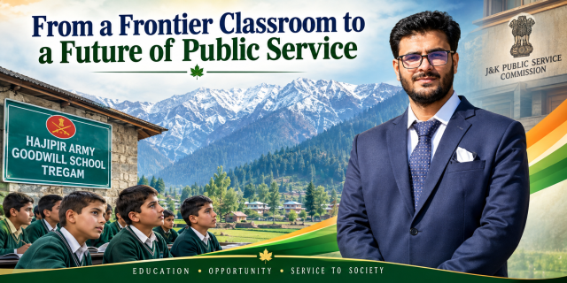 Suhail Ahmad Khoja in a formal suit standing beside the Jammu and Kashmir Public Service Commission sign, representing his journey from a frontier classroom in Kupwara to public service.