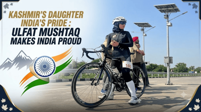 A female cyclist, Ulfat Mushtaq, prepares for a race while standing beside her bike on a sunny day. The image includes a backdrop of trees and solar panels, with text highlighting her achievements.