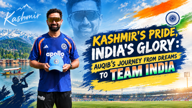 A smiling person wearing sportswear and sunglasses holds a cricket cap with the Indian cricket team's logo. The background features picturesque mountains and lakes of Kashmir, along with text celebrating the individual's journey from Kashmir to representing Team India.