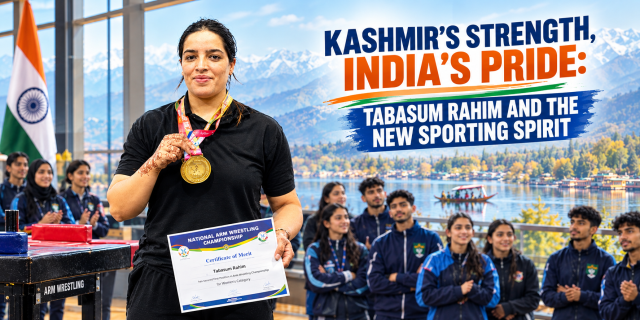 Tabasum Rahim, wearing a gold medal and holding a Certificate of Merit, stands proudly at the National Arm Wrestling Championship, with teammates and a scenic mountain backdrop.