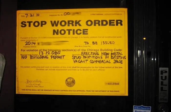 Chicago stop work order notice from building department
