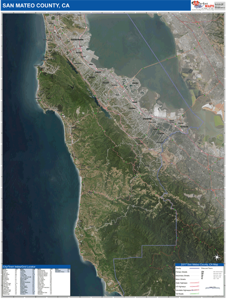San Mateo County CA Wall Map Satellite Basic Style By MarketMAPS San Mateo Ca 
