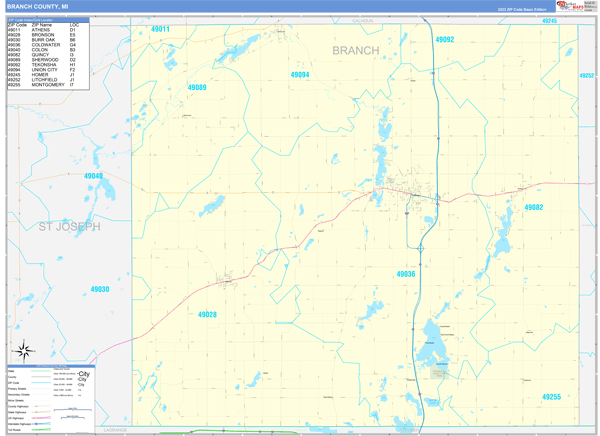 Branch County MI Zip Code Wall Map Basic Style By MarketMAPS MapSales Branch Mi 