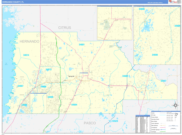 Hernando County FL Zip Code Wall Map Basic Style By MarketMAPS MapSales Hernando Fl 