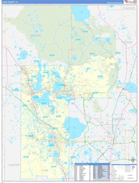 Lake County FL Zip Code Wall Map Basic Style By MarketMAPS MapSales Lake Fl 