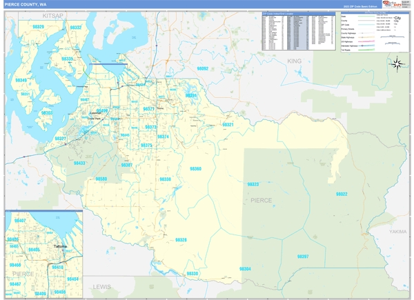 Pierce County WA Zip Code Wall Map Basic Style By MarketMAPS MapSales Pierce Wa 