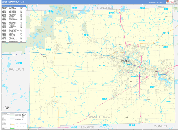 Washtenaw County MI Zip Code Wall Map Basic Style By MarketMAPS MapSales Washtenaw Mi 