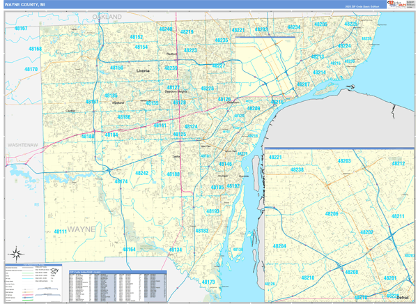 Wayne County MI Zip Code Wall Map Basic Style By MarketMAPS MapSales Wayne Mi 